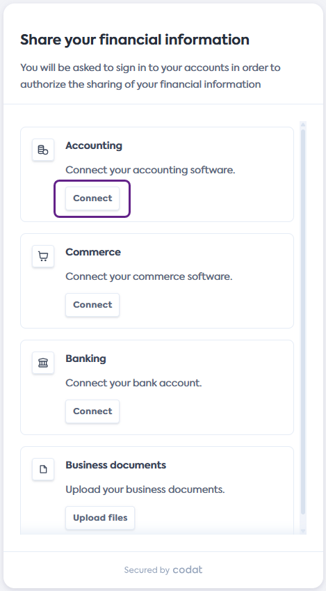 Screenshot of the Share your financial information screen of Codat's Link Flow. It lists the Accounting, Commerce, Banking, and Business Documents with the Connect button of the Accounting section highlighted.