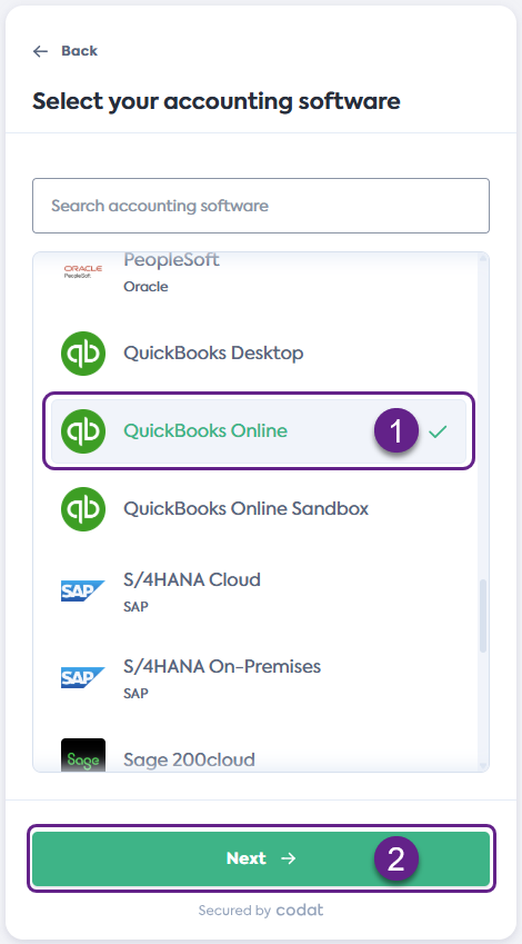 Screenshot of the Select your accounting software screen of Codat's Link Flow. It displays a list of integrations. QuickBooks Online tile is highlighted with a number 1 written on it. Next button is also highlighted with a number 2 written on it.