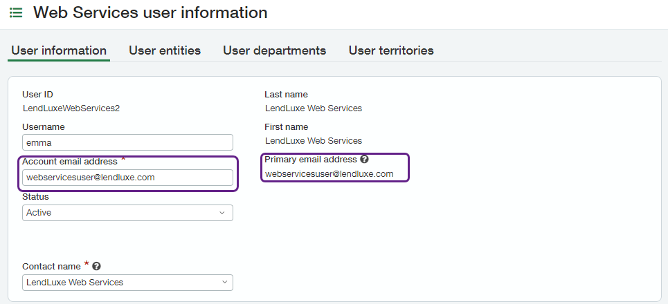 Screenshot of Sage Intacct interface outlining the matching emails in the account email address and primary email address fields.