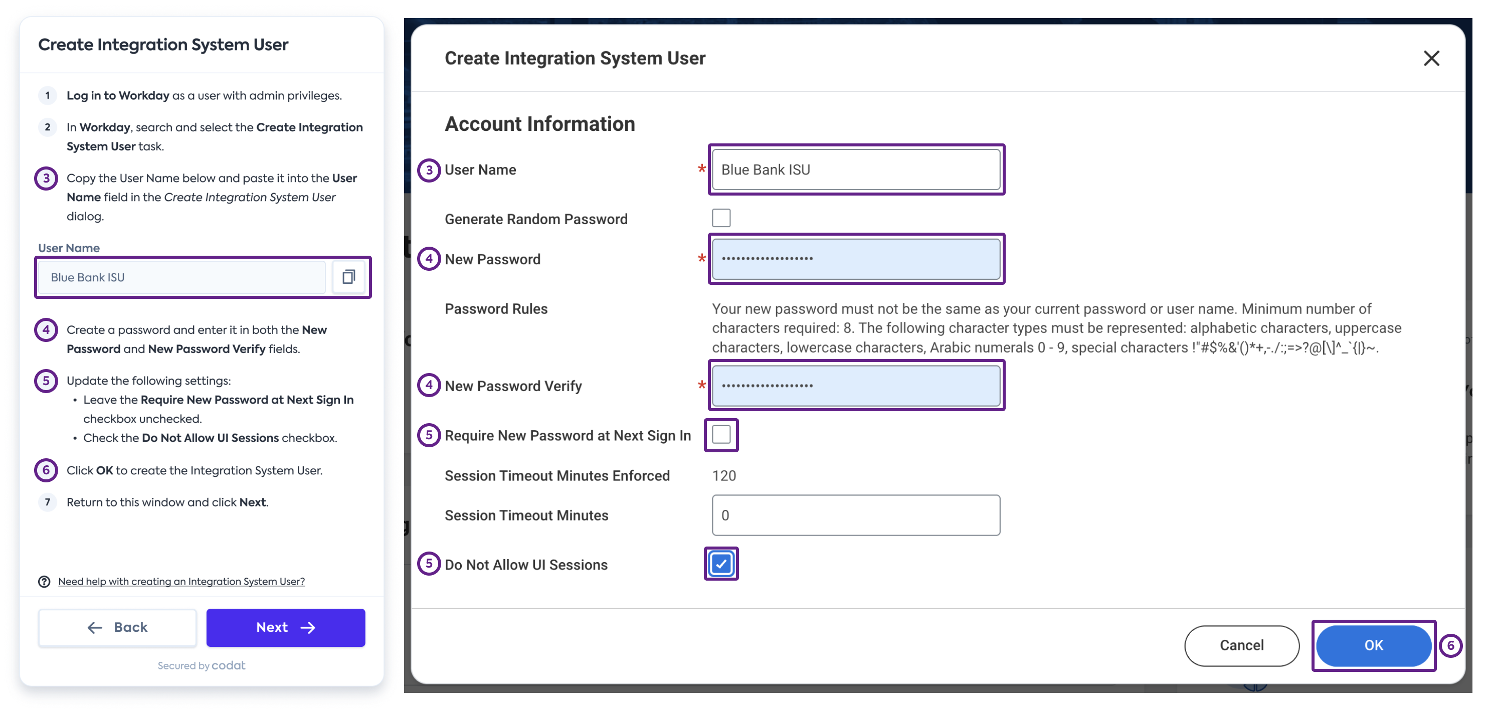 Screenshot of Workday’s interface displaying the Create Integration System User dialog configured with the expected fields.