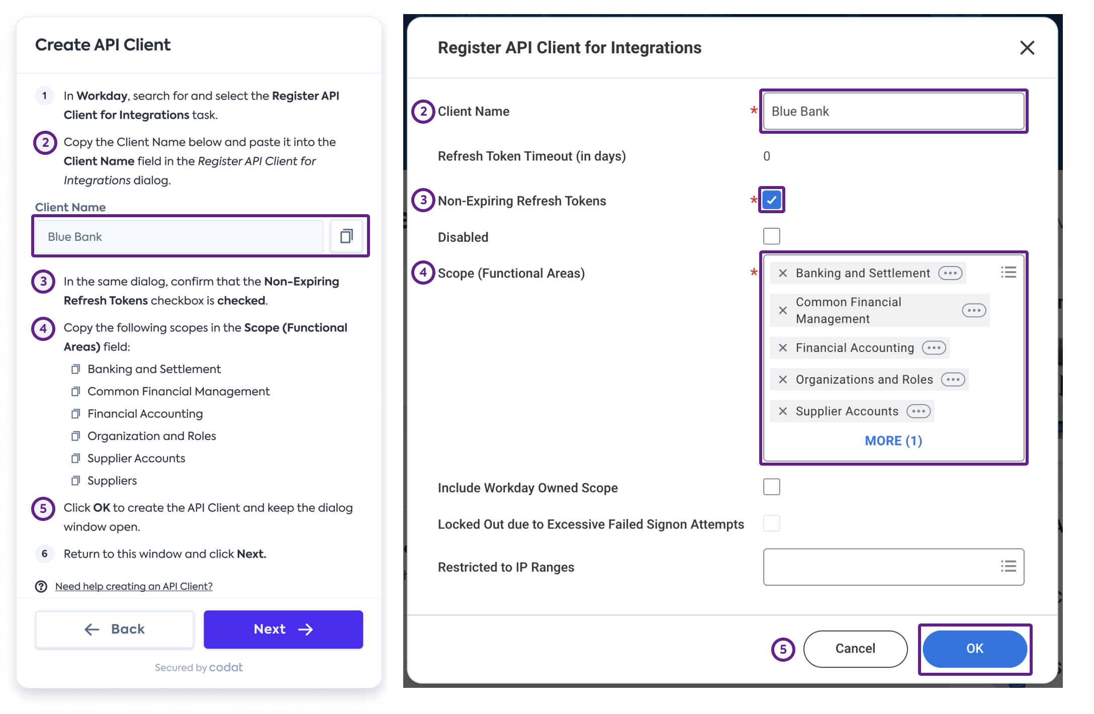 Screenshot of Workday’s interface displaying the Register API Client for Integrations dialog pre-populated with the required fields.