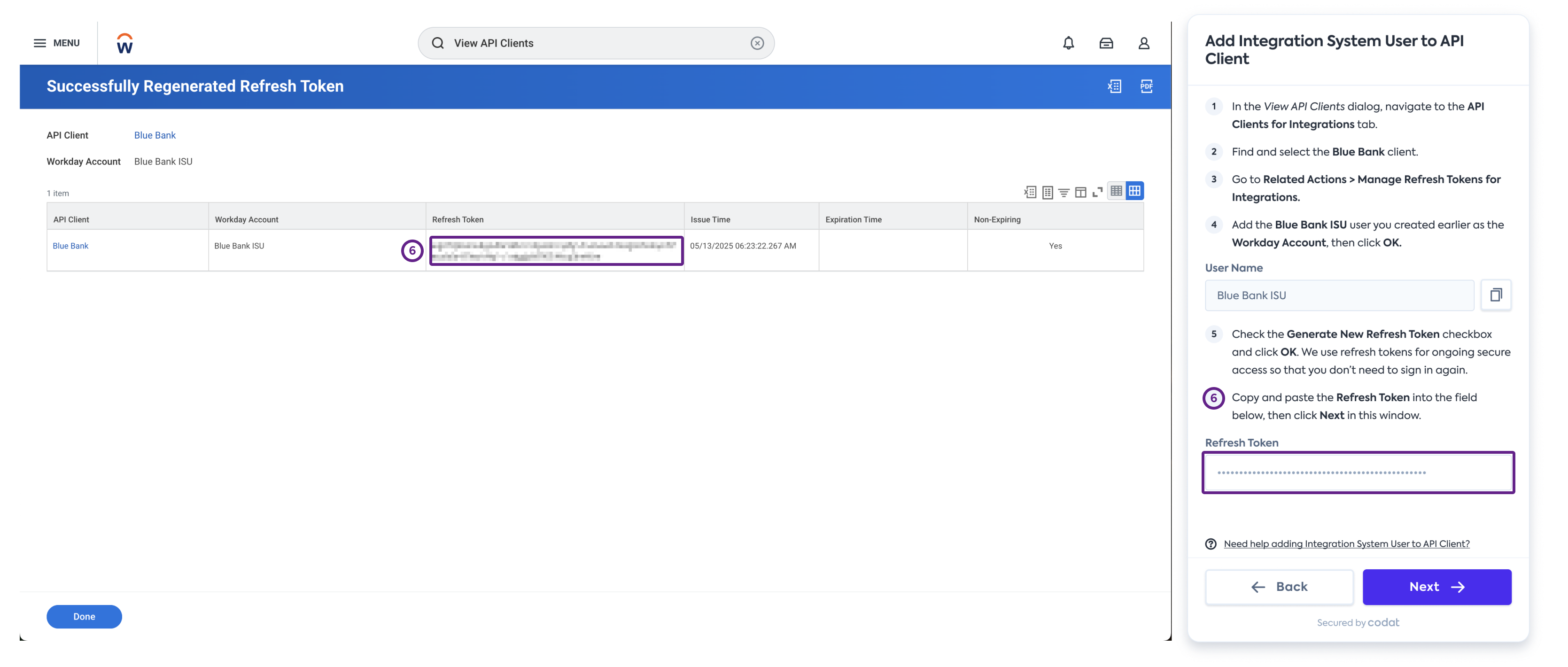 Screenshot of Workday’s interface displaying the relationship between Codat's connection flow and Workday.
