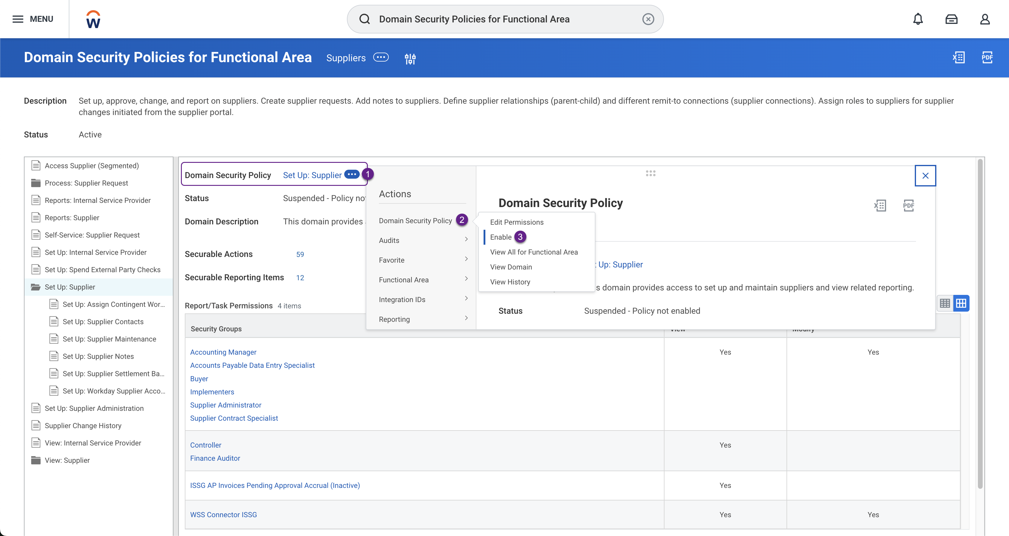 Screenshot of Workday’s interface displaying the steps required to enable a domain policy.