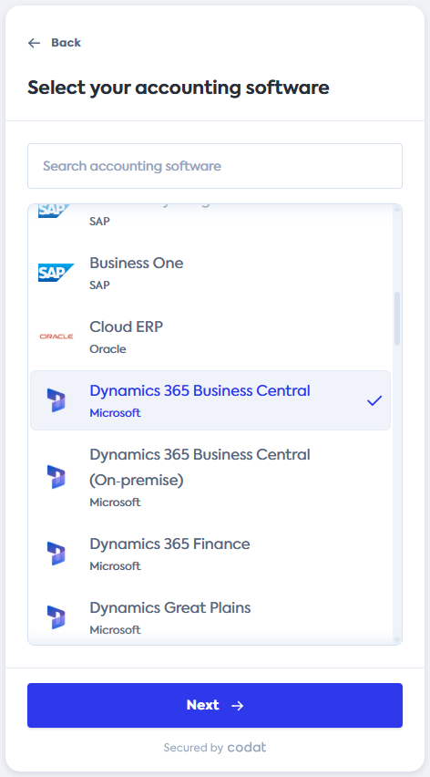 Screenshot of the Select your accounting software screen of Codat's Link Flow. It displays a list of integrations. Dynamics BC tile is selected.
