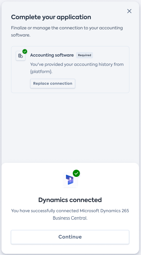 Screenshot of a succesful Dynamics BC connection screen.