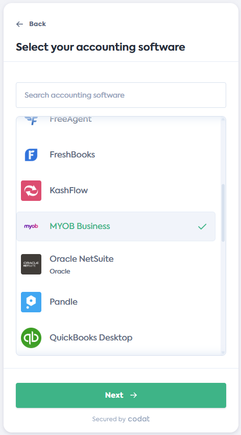 Screenshot of the Select your accounting software screen of Codat's Link Flow. It displays a list of integrations. MYOB Business tile is selected.