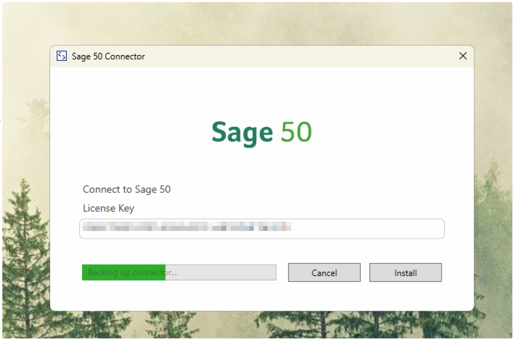 Screenshot of the installation window of the Sage 50 connector.