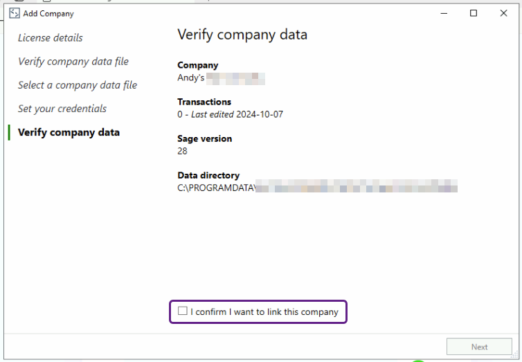 Screenshot of the installation window of the Sage 50 connector.