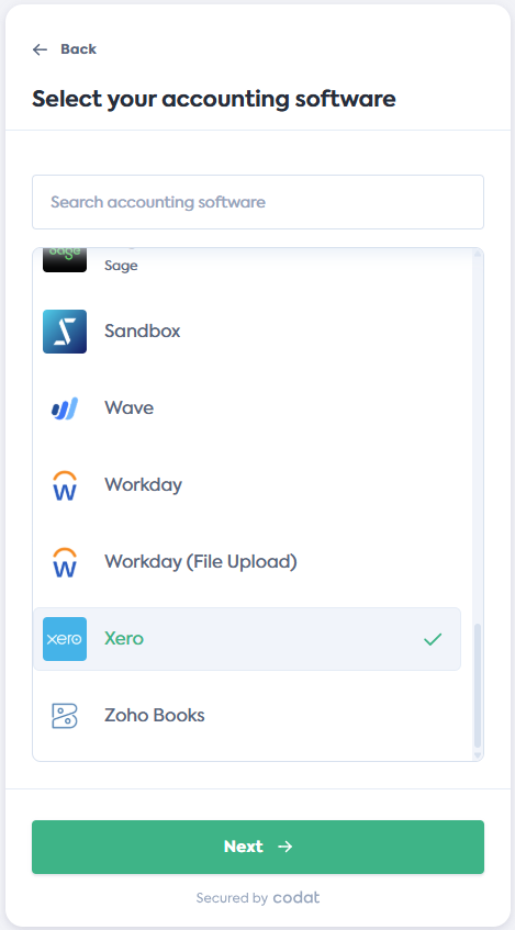 Screenshot of the Select your accounting software screen of Codat's Link Flow. It displays a list of integrations. Xero tile is selected.