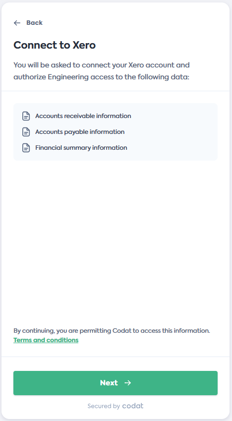 Screenshot of the Connect to Xero screen of Codat's Link Flow.