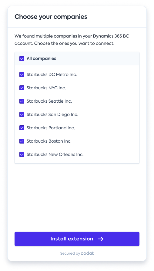 Screenshot of the Dynamics BC connection interface with the multi-company selection dropdown.